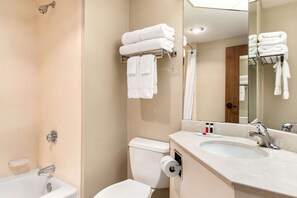 Combined shower/bathtub, free toiletries, hair dryer, towels