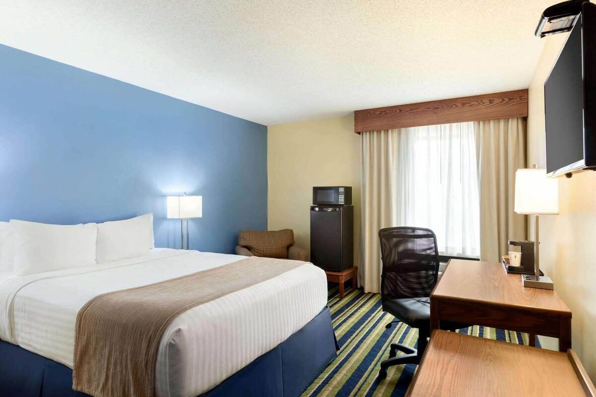 A hotel room with a bed, desk, chair, TV, and a window with curtains.