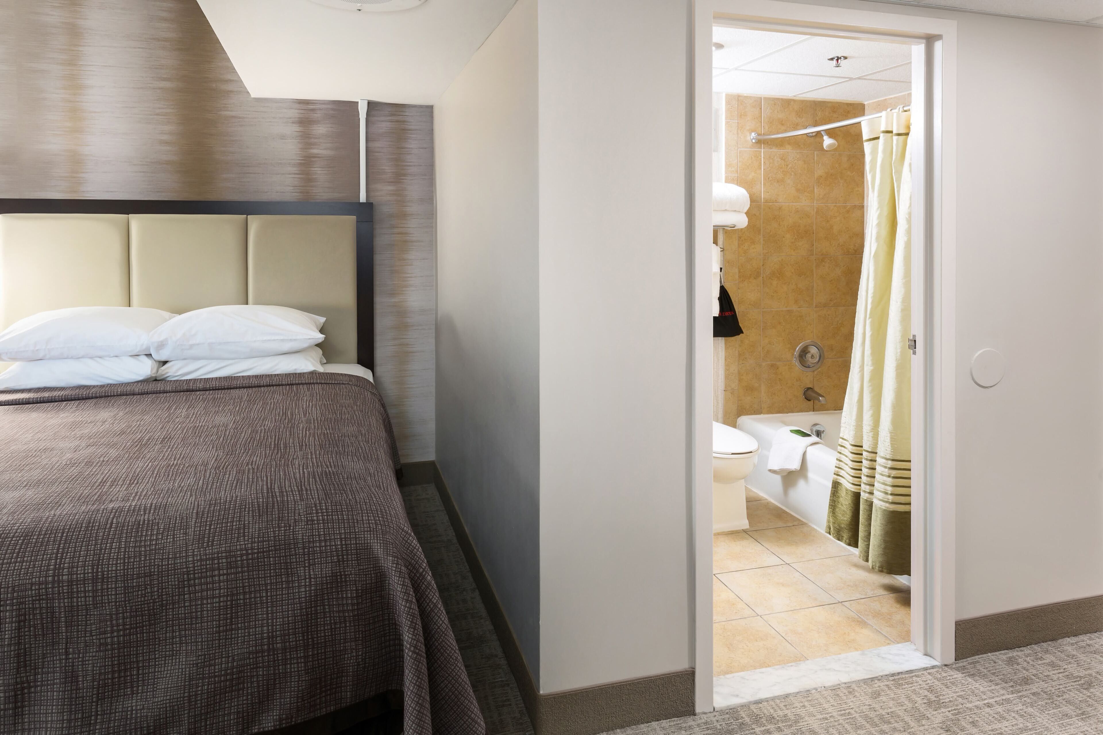 Una habitación de hotel con cama, baño visible a través de una puerta abierta y zona de ducha.
