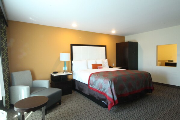 Desk, laptop workspace, blackout curtains, iron/ironing board