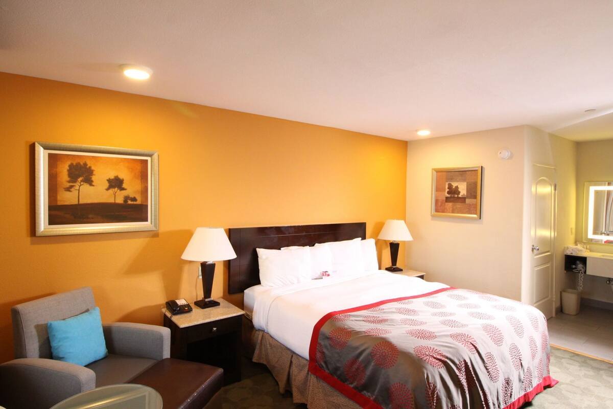 Ein Hotelzimmer mit einem Bett, zwei Nachttischen, einem Sessel, einem Schreibtisch und einem Spiegel.