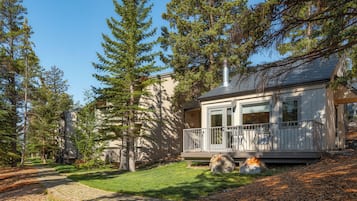 A cabin with a covered porch, surrounded by trees and a stone pathway.
