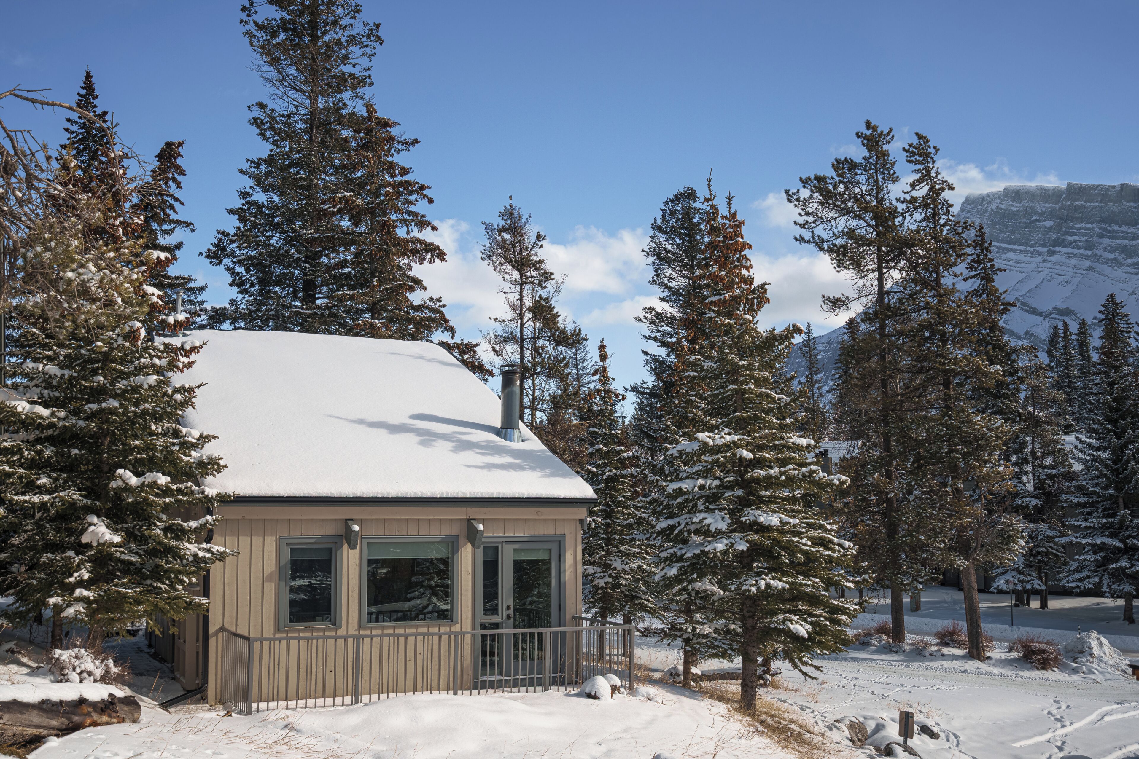A small cabin with a snow-covered roof, surrounded by tall evergreen trees in a snowy landscape.