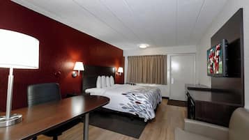 Desk, laptop workspace, blackout drapes, free WiFi