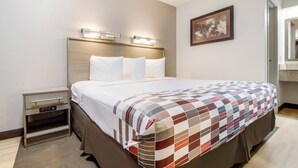 A hotel room with a bed, bedside tables, a nightstand, a wall-mounted light fixture, and a framed picture. - Red Roof Inn Detroit - Farmington Hills (Farmington Hills)