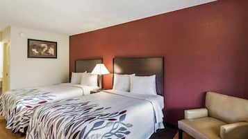 Desk, laptop workspace, blackout curtains, free WiFi