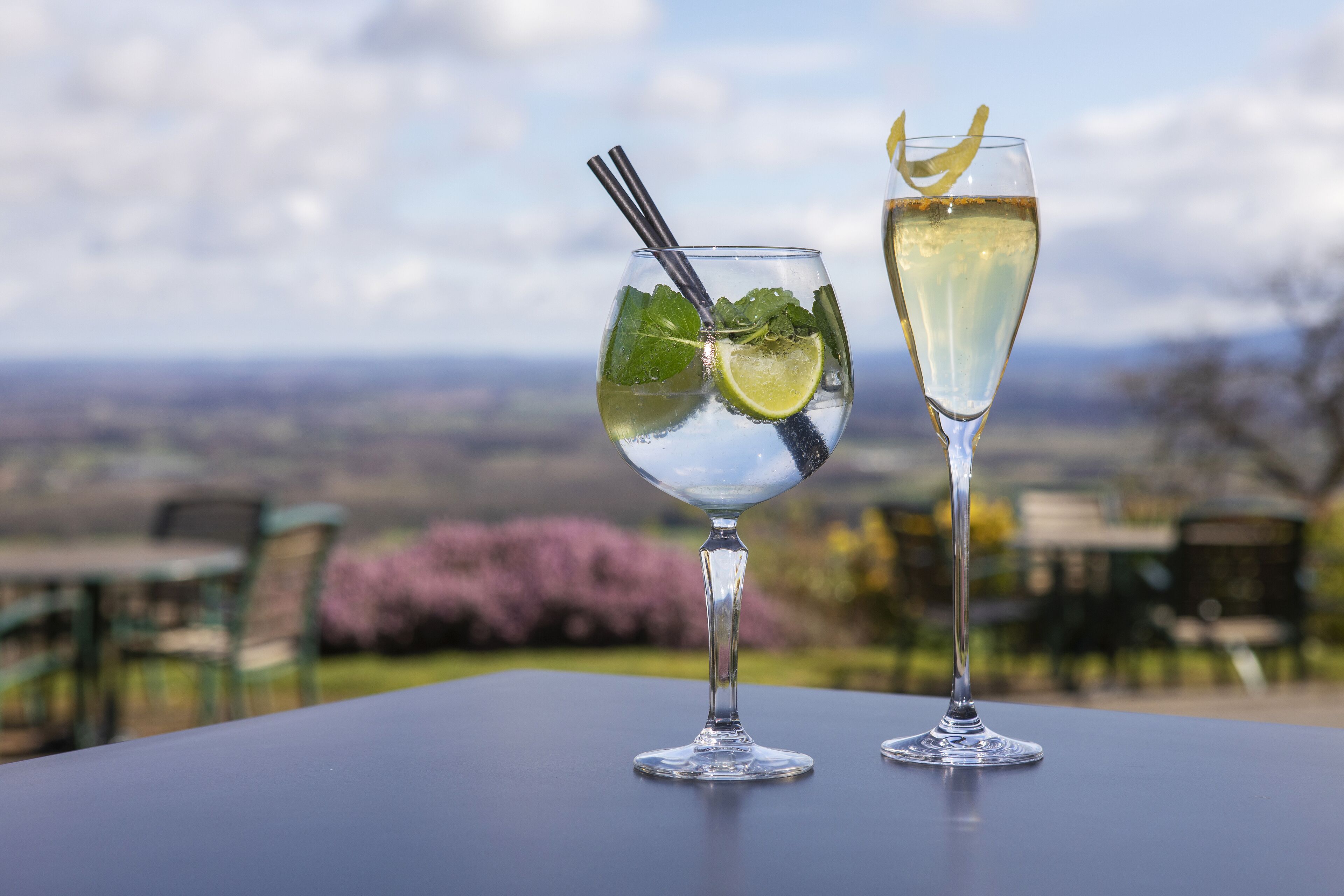 Two glasses of beverages on a table with a scenic view in the background.