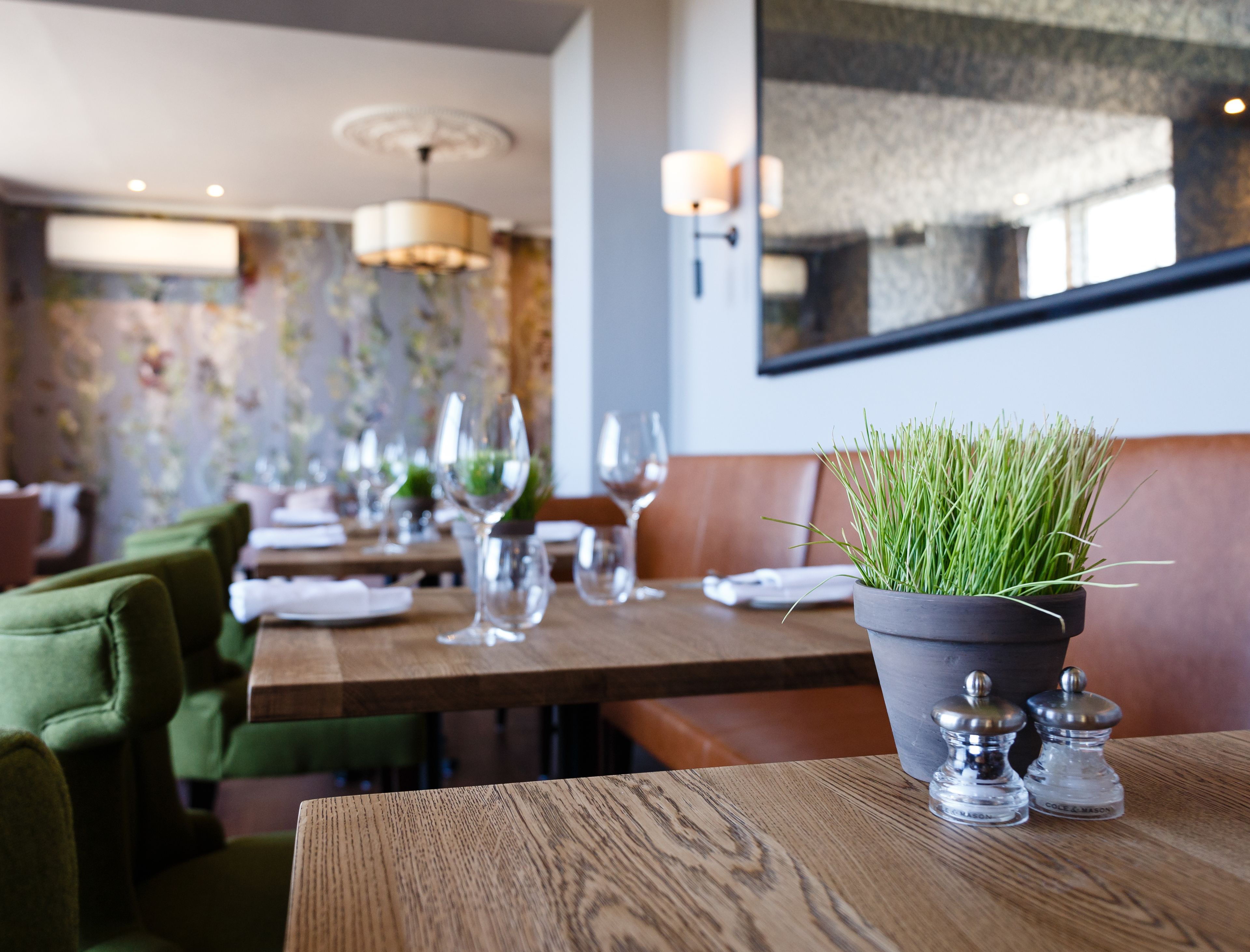 A restaurant interior with wooden tables, green upholstered chairs, and a potted plant on the table.