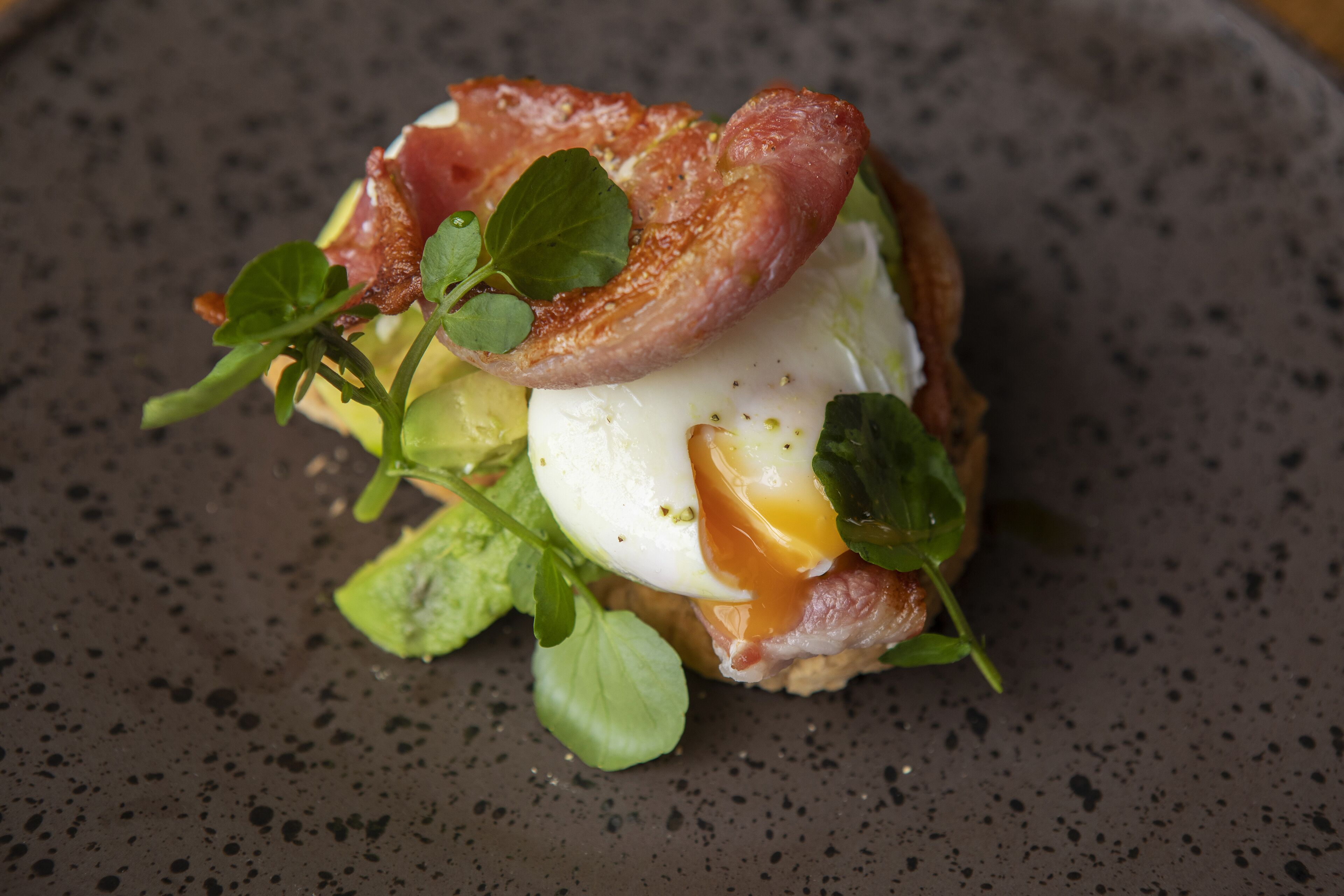 A dish with a slice of bread topped with a poached egg, bacon, and greens.