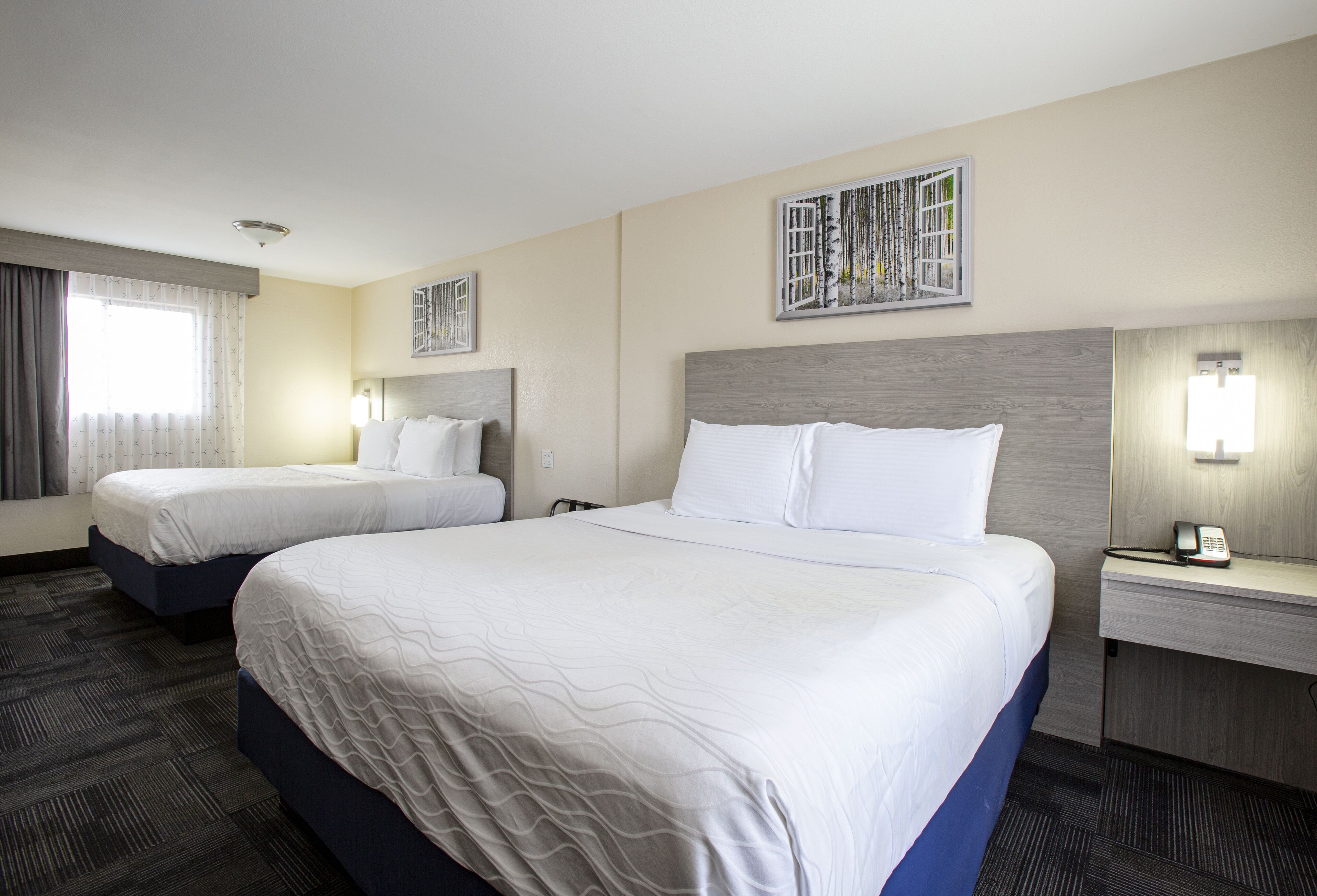 Een hotelkamer met twee bedden, een bureau met telefoon en een kunstwerk aan de muur.