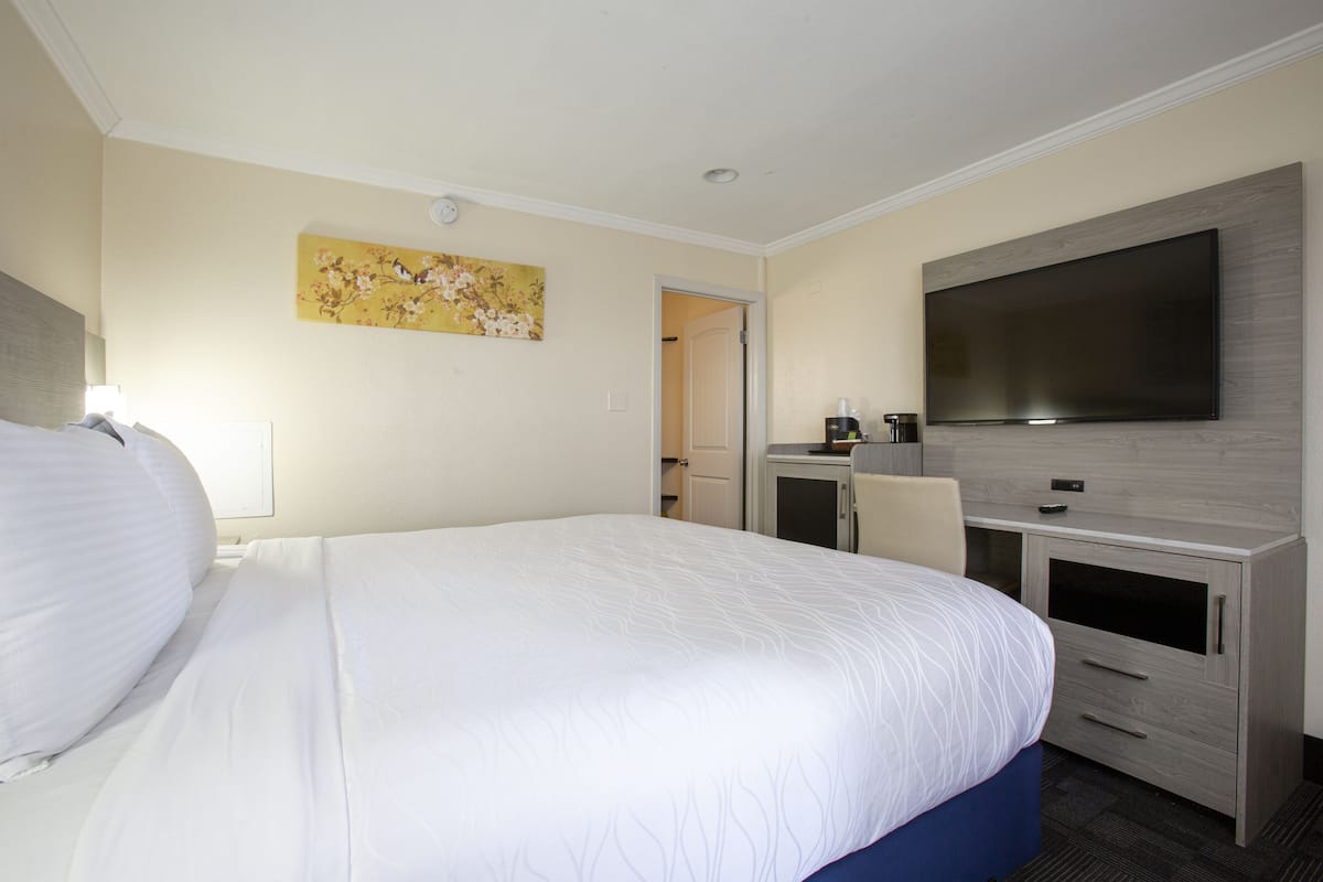 Una habitación de hotel con una cama grande, un escritorio con televisor de pantalla plana, una silla pequeña y una puerta que da a otra habitación.