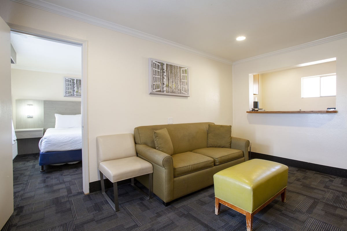 Una habitación de hotel con cama, sofá, silla y una mesita.