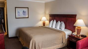 A hotel room with a large bed, two bedside lamps, a wooden nightstand, a telephone, and a framed picture on the wall.