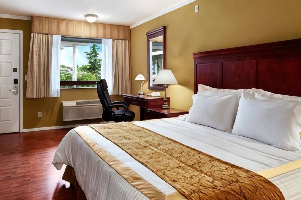 Premium bedding, desk, blackout drapes, soundproofing