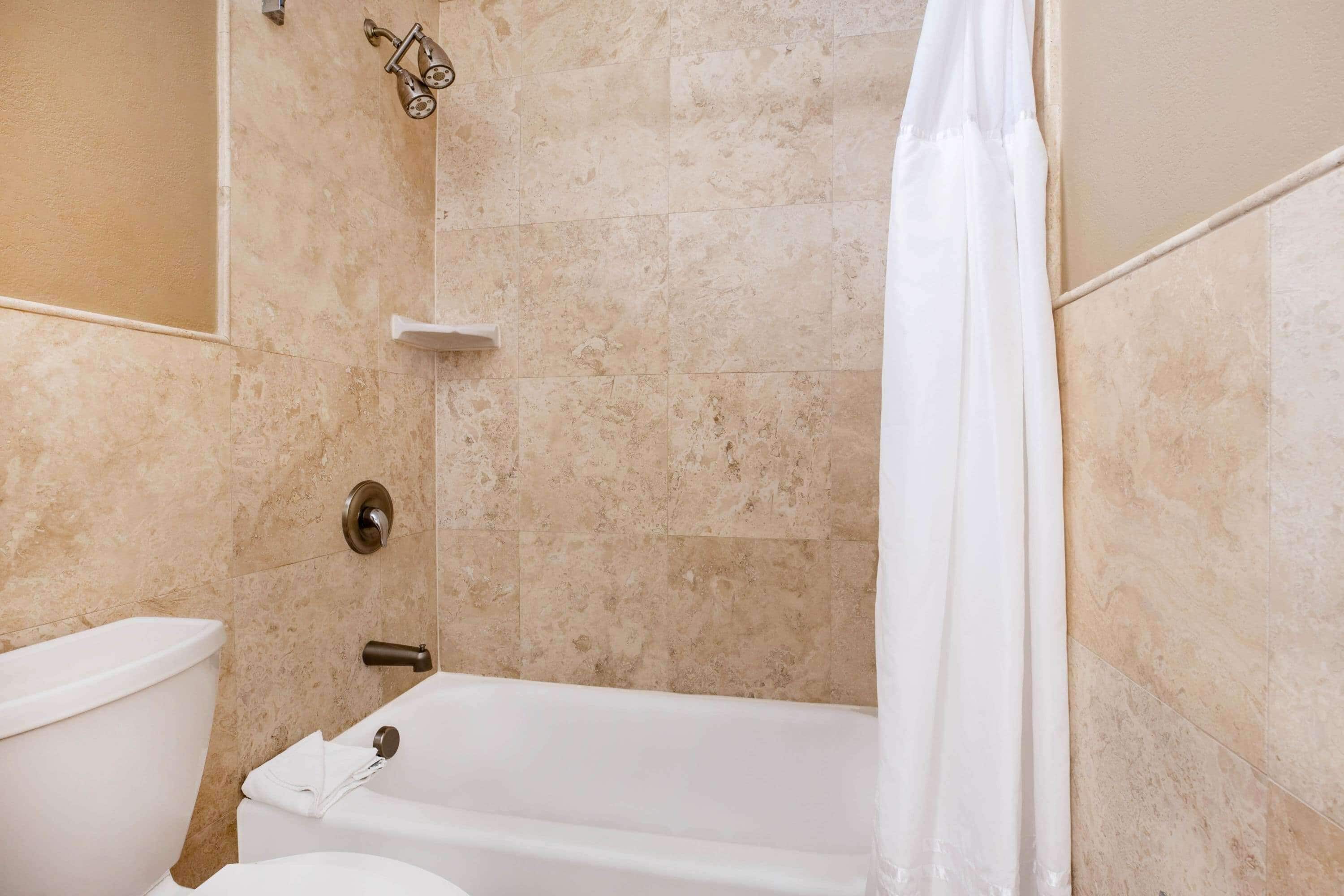 combined shower/bathtub, free toiletries, hair dryer, towels