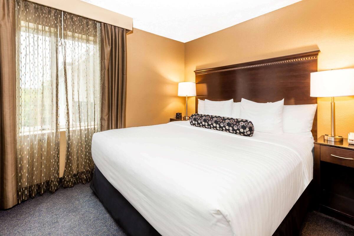 A hotel room with a large bed, two bedside lamps, a nightstand, and sheer curtains.