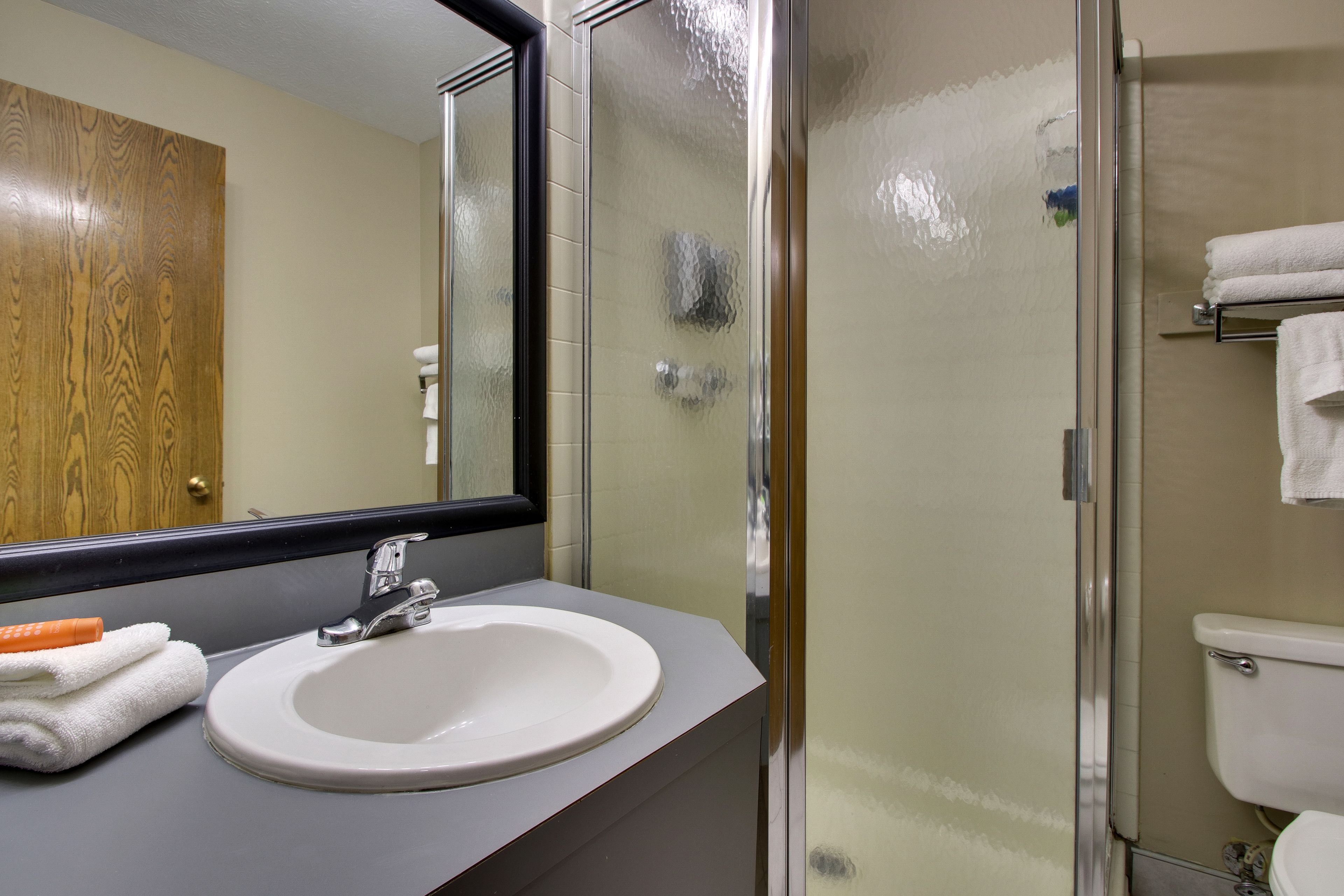 combined shower/bathtub, free toiletries, hair dryer, towels