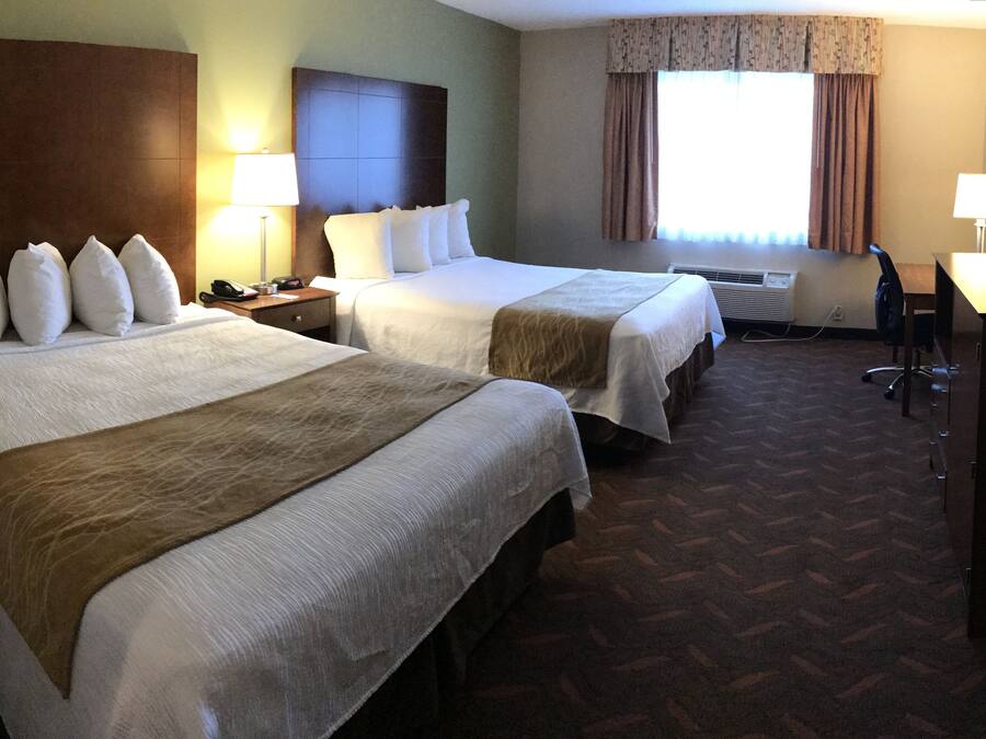 Quarto de hotel com duas camas, uma escrivaninha com computador, televisão e janela com cortinas.