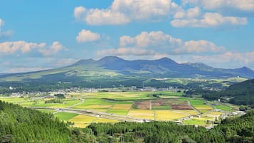 A panoramic view of a rural landscape with fields, a bridge, and distant mountains.