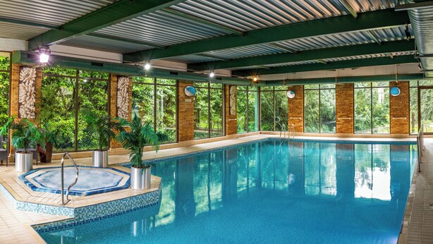 An indoor swimming pool with a hot tub, surrounded by large windows and potted plants.