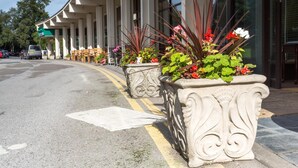 A row of planters with flowers along a curved building facade.