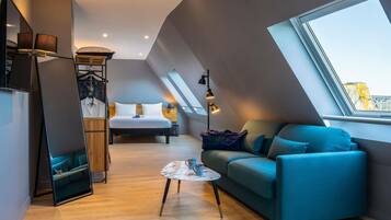 Desk, blackout drapes, soundproofing, iron/ironing board