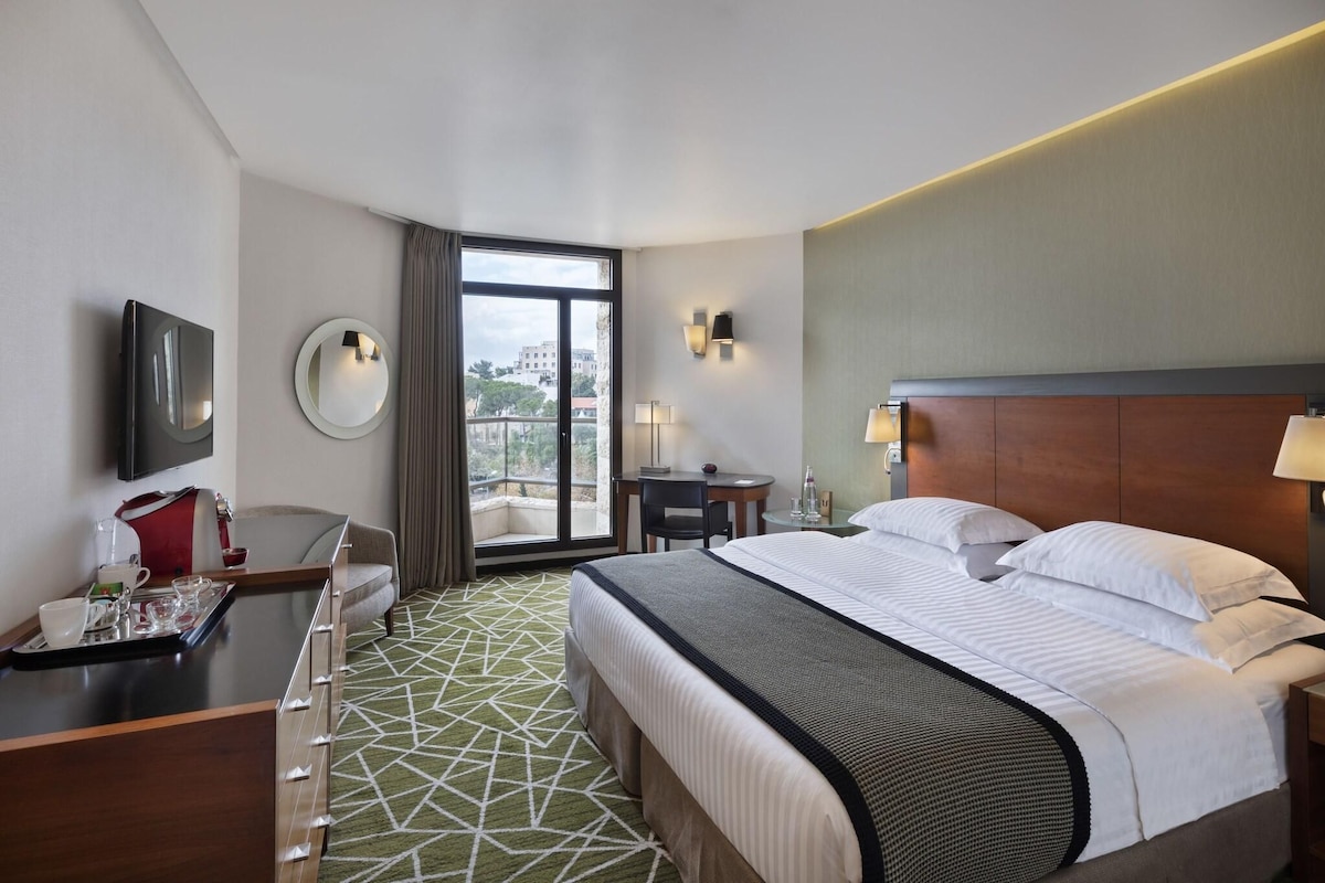 A hotel room with a bed, a desk, a chair, a TV, and a view of the outdoors.