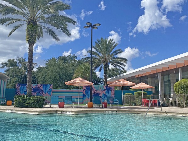 Outdoor pool, pool umbrellas, pool loungers