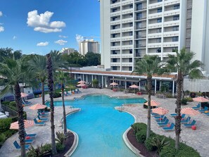 A hotel pool area with multiple lounge chairs and umbrellas, surrounded by palm trees and a large building in the background.