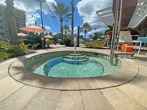 Outdoor pool, pool umbrellas, pool loungers