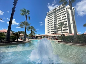 Outdoor pool, pool umbrellas, sun loungers