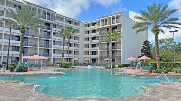 Outdoor pool, pool umbrellas, pool loungers