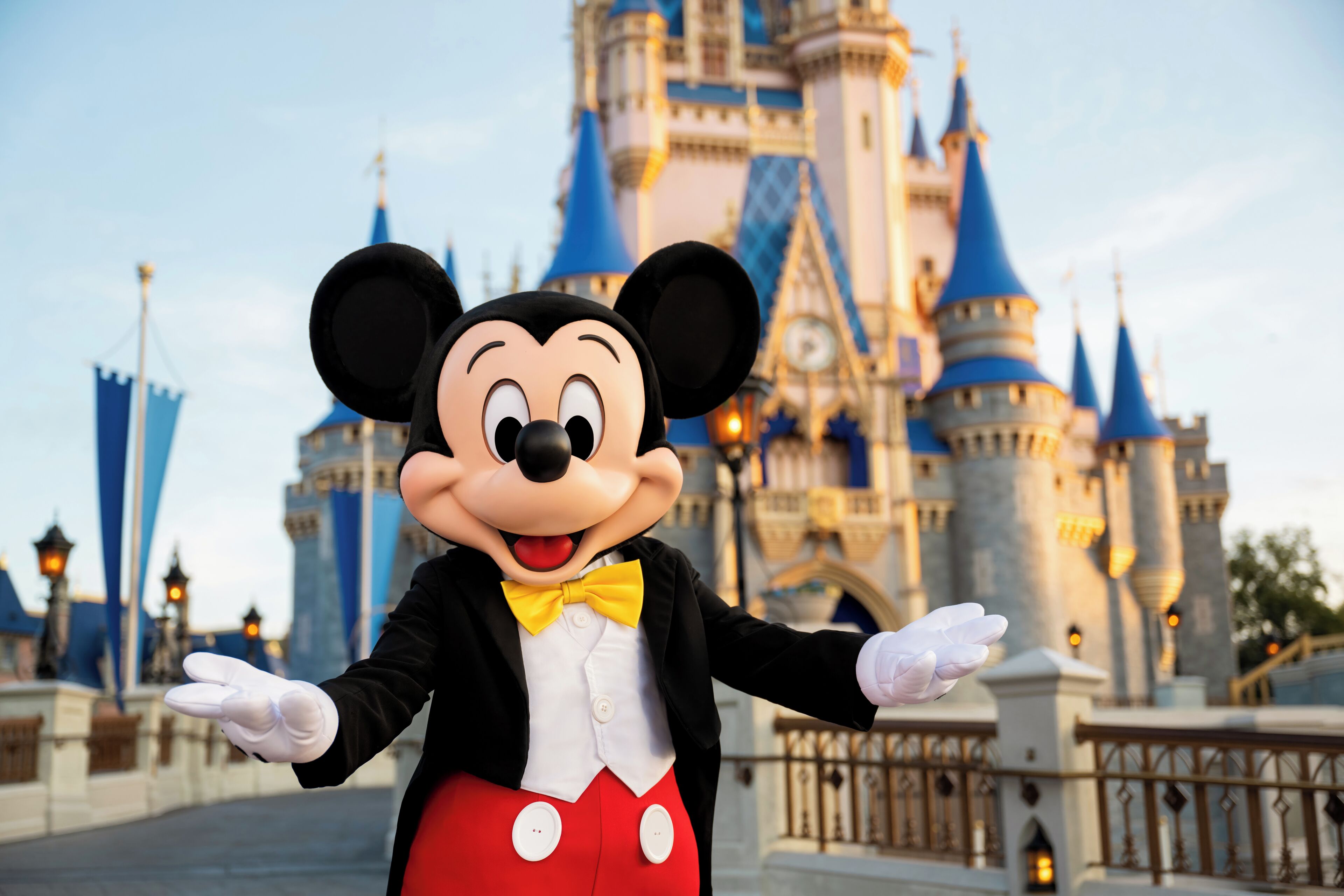 Una persona vestida de Mickey Mouse de pie frente a un edificio que parece un castillo.