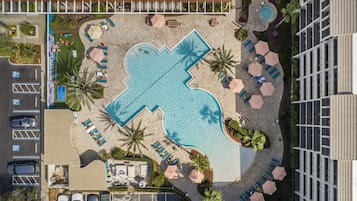 Outdoor pool, pool umbrellas, sun loungers