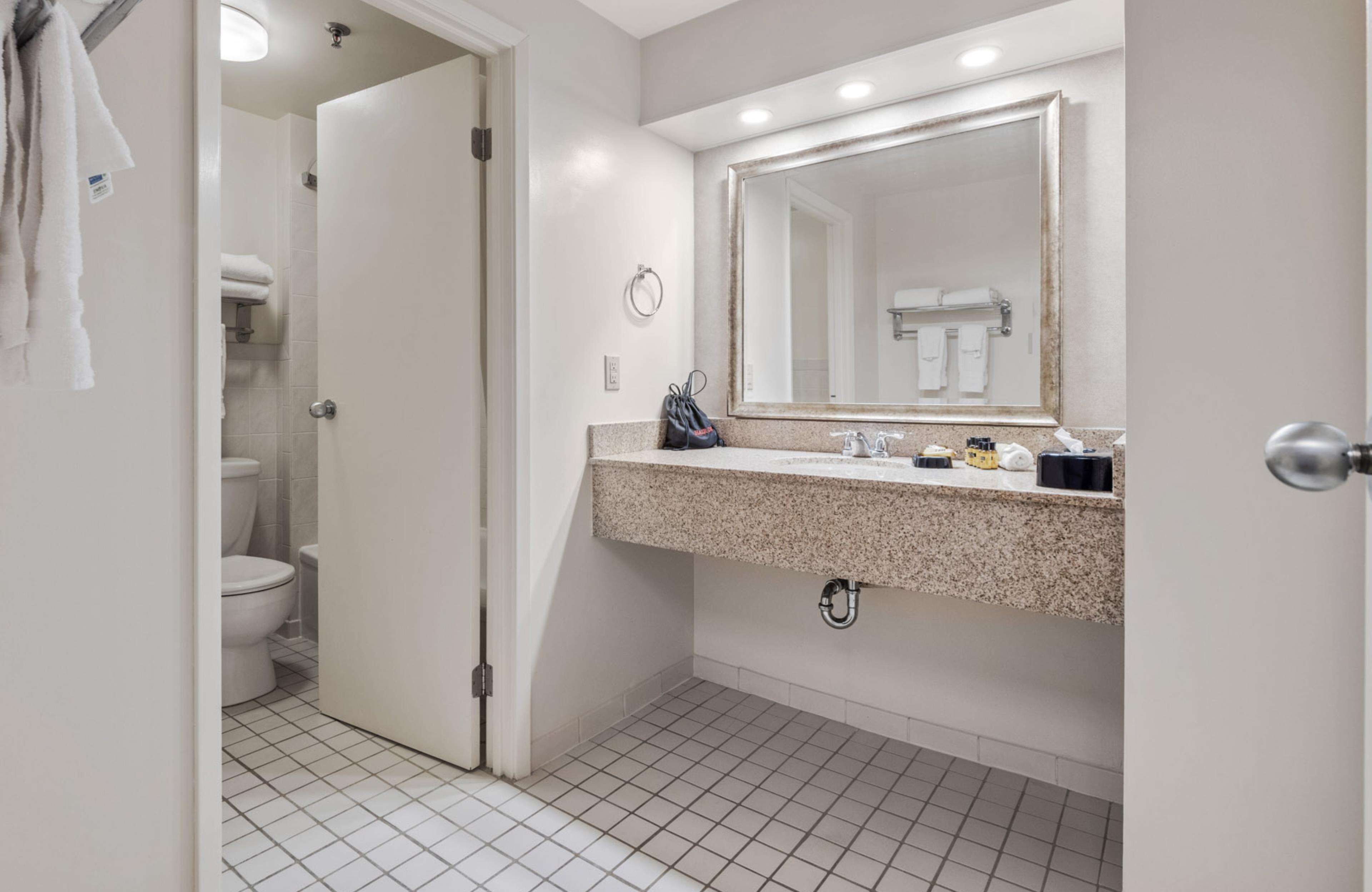 Une salle de bain avec un lavabo blanc, un grand miroir et des toilettes.