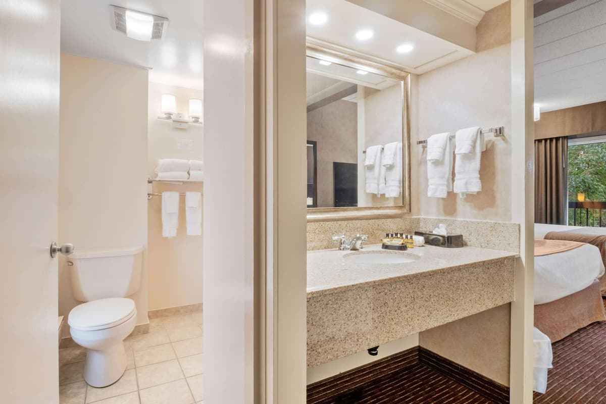 standard room, 2 queen beds, refrigerator, courtyard area | bathroom | combined shower/bathtub, free toiletries, hair dryer, towels