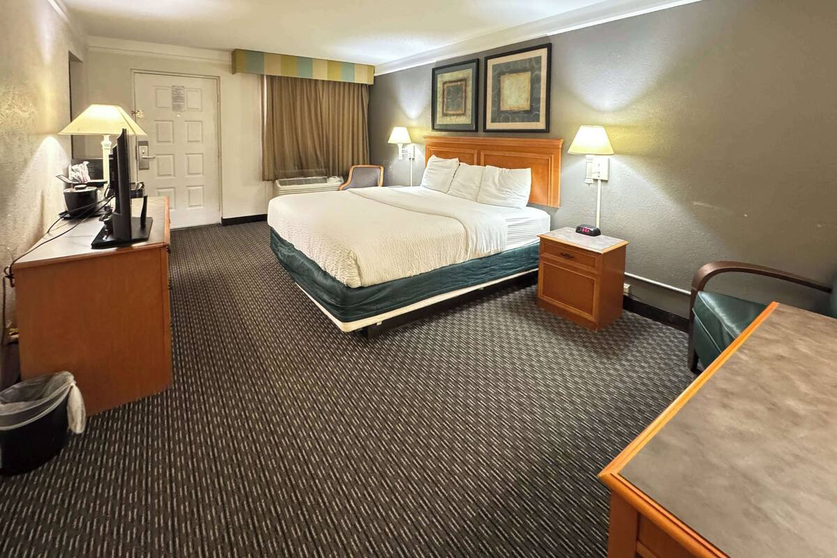A hotel room with a bed, bedside tables, a desk, a chair, and a carpeted floor.