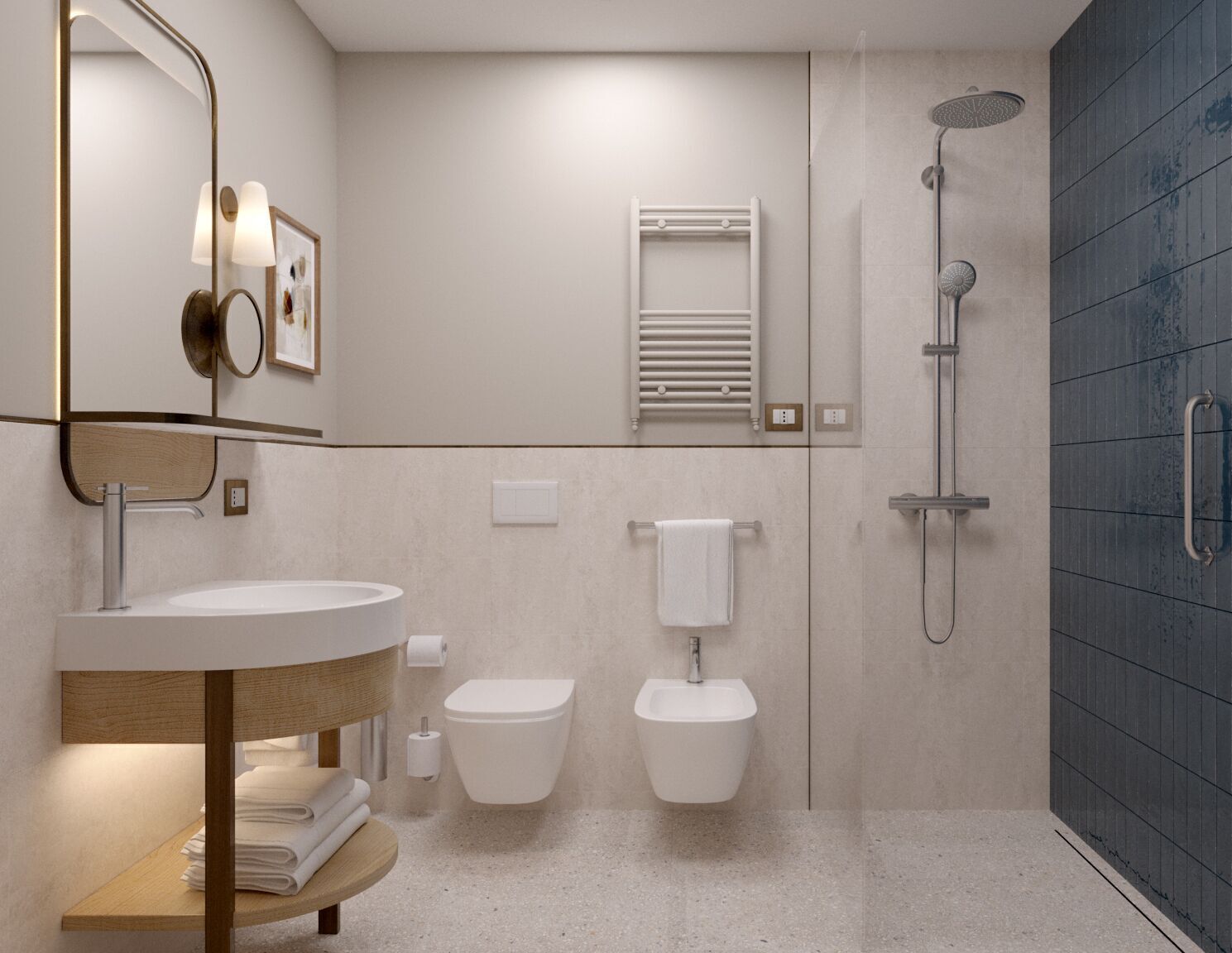 Bathroom | Shower, rainfall showerhead, hair dryer, bidet
