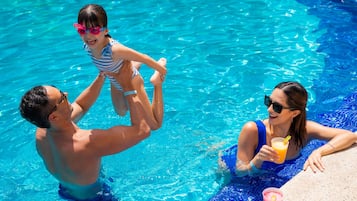 Outdoor pool, pool umbrellas, pool loungers