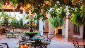 Un comedor interior con mesas y sillas, rodeado de abundante vegetación y plantas colgantes.