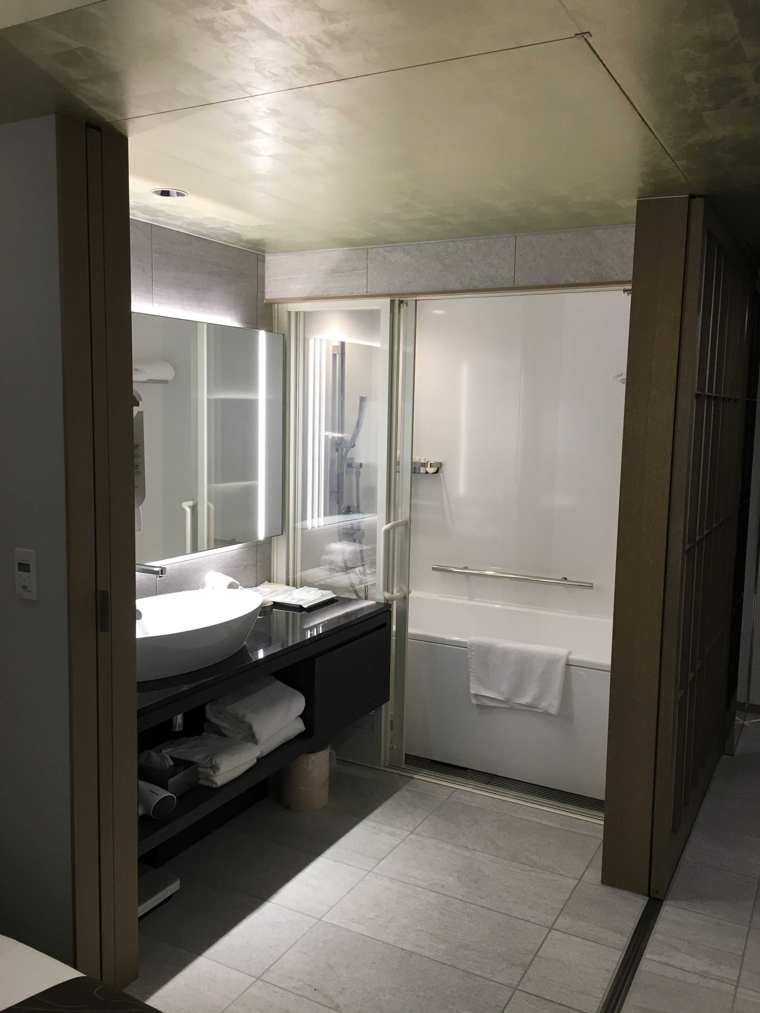 A modern bathroom with a large sink, mirror, and glass shower enclosure.