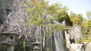 Een rustige tuin met een waterval, stenen lantaarns en bloeiende bloemen.