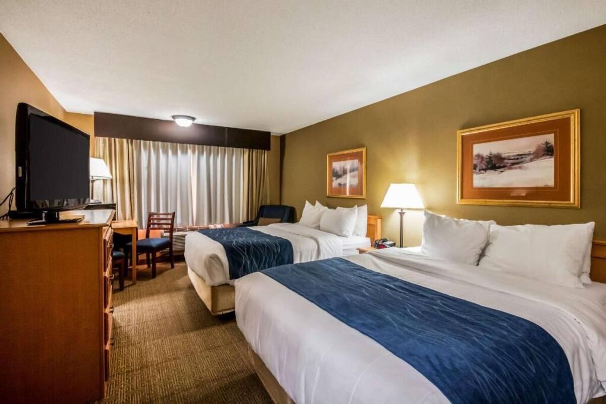 A hotel room with two beds, a desk, a television, and two framed pictures on the wall.