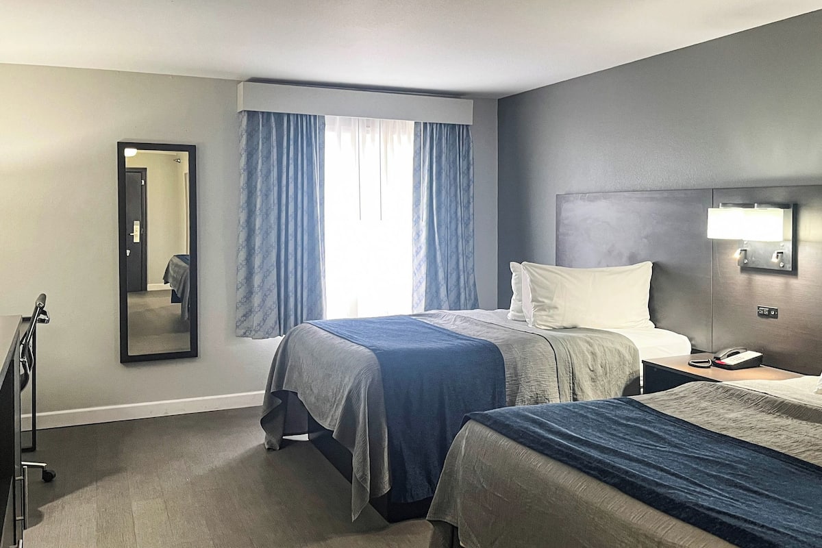 A hotel room with two beds, a mirror, a bedside table with a phone, and a window with curtains.