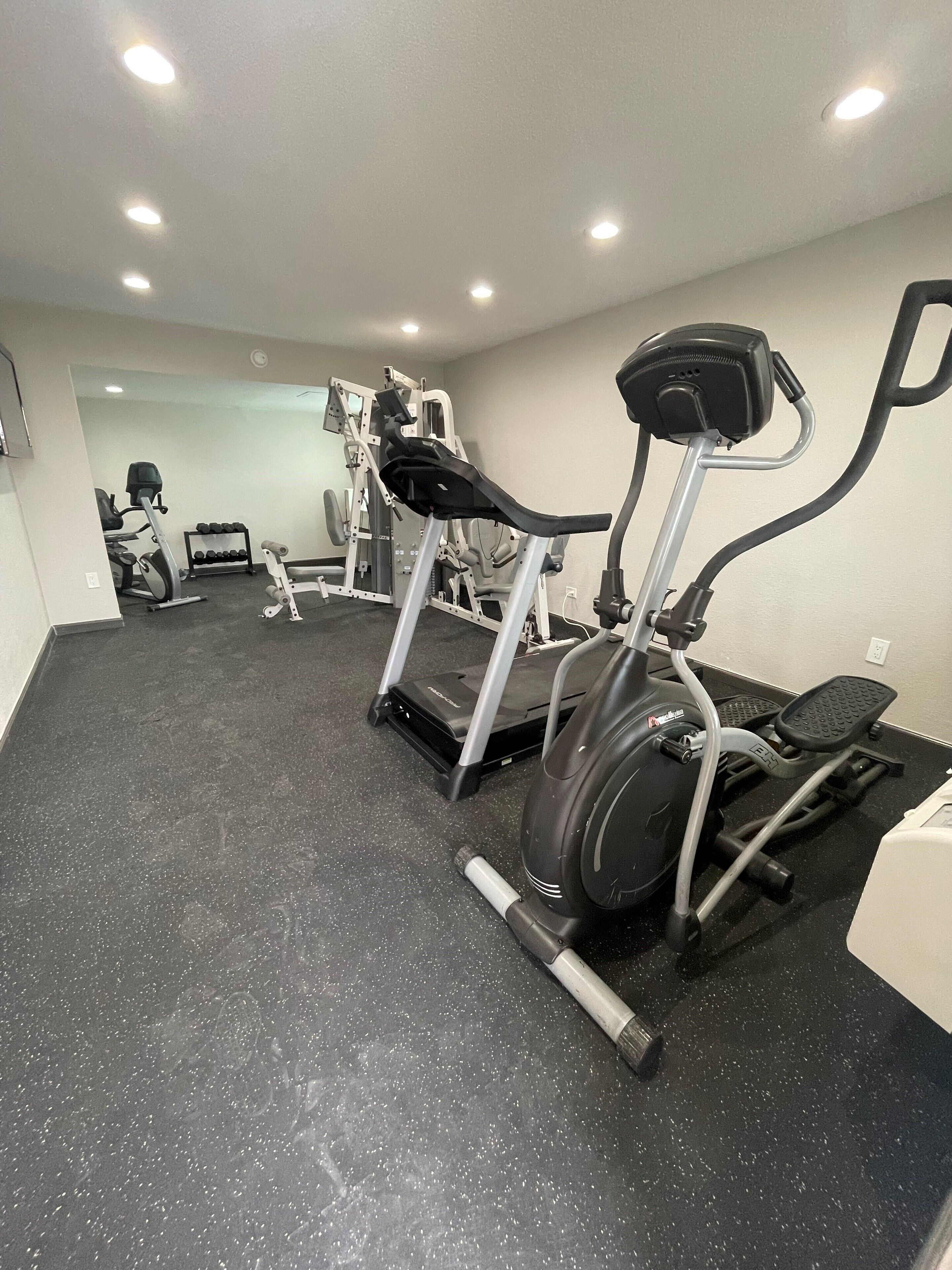 A gym with treadmills, elliptical machines, and weight machines.