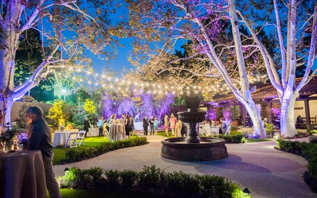 An outdoor garden area with a fountain, string lights, and trees.