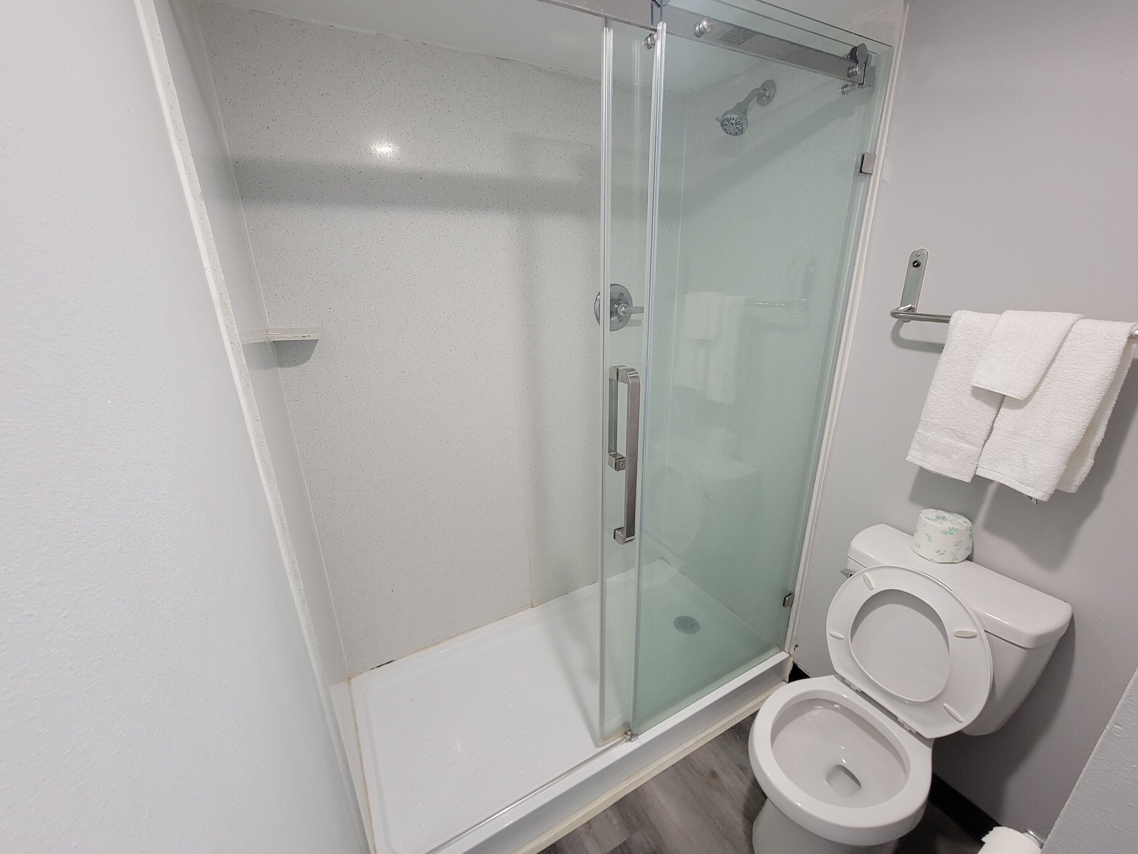 A modern bathroom with a glass-enclosed shower, a toilet, and a towel rack.