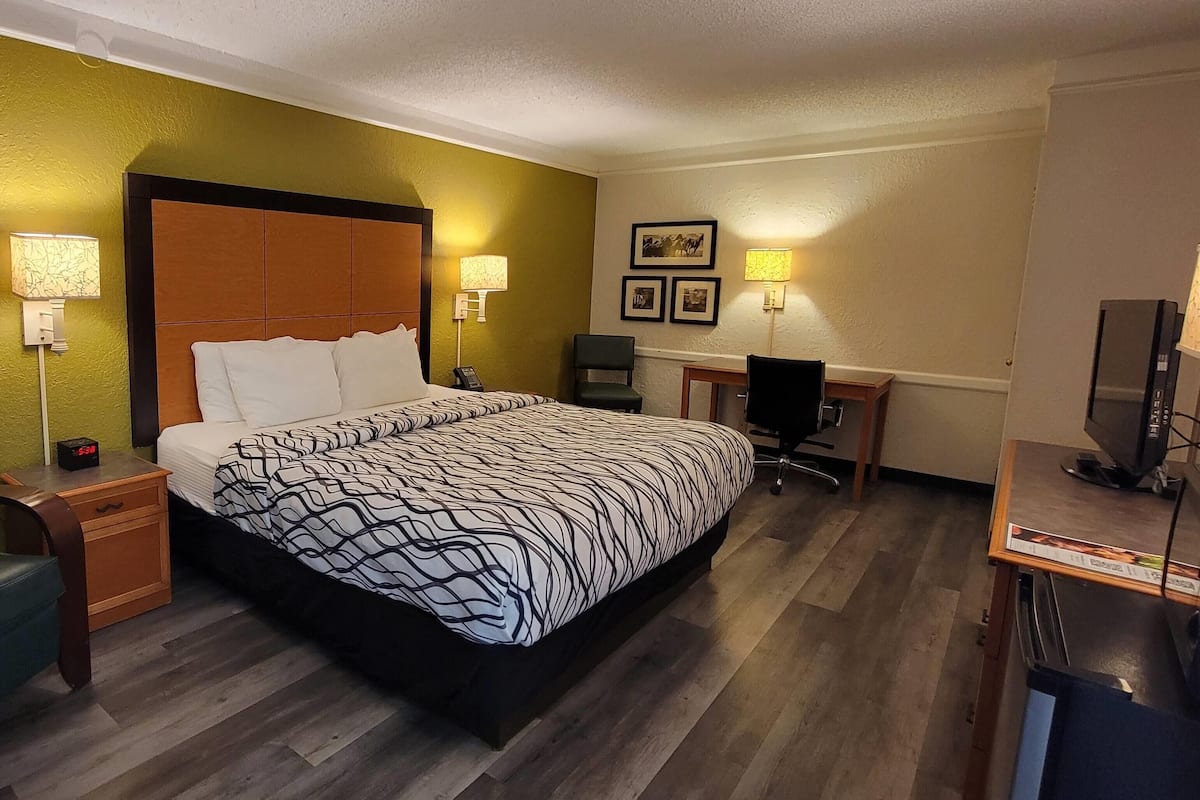 A hotel room with a bed, bedside lamps, a desk, a chair, and a television.