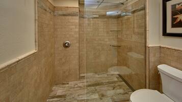 A bathroom with a glass-enclosed shower, a toilet, and a framed picture on the wall.