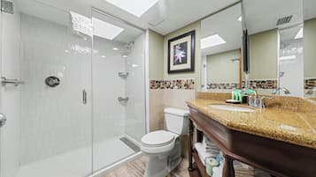 A modern bathroom with a glass-enclosed shower, a toilet, a sink with a granite countertop, and a large mirror.